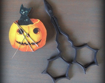 Spider Web Embroidery Scissors and Cat in a Jack-o-Lantern Needle Minder by cheswickcompany