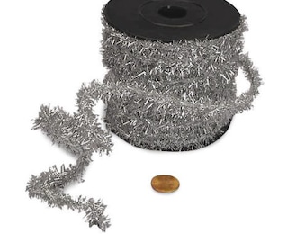 10 Yard Spool Wired Bright METALLIC SILVER Tinsel Garland Trim  cheswickcompany