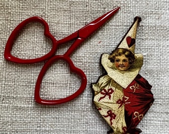Little Heart Embroidery Scissors and Victorian Clown Girl Needle Minder by cheswickcompany