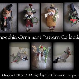 May include: A collection of handmade felt ornaments featuring a variety of characters, including a bear, a jester, a man with a beard, a bug, a shark, an angel, and a bird. The ornaments are all decorated with festive details and are perfect for adding a touch of whimsy to your Christmas tree. The text "Pinocchio Ornament Pattern Collection" is displayed at the top of the image. The text "Original Pattern & Design by The Cheswick Company" is displayed at the bottom of the image.