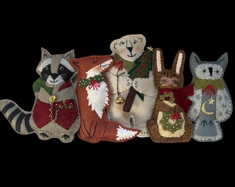 Woodland Animal Ornaments - Furry Brown Deer, Squirrel, Owl
