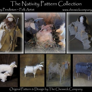 May include: A collection of handmade felt nativity figures, including a shepherd, a donkey, a cow, a sheep, and a lamb. The figures are all made with a rustic, primitive style and are perfect for a traditional Christmas display.