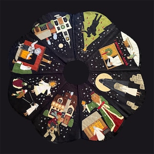 May include: A circular black fabric tree skirt featuring embroidered scenes from A Christmas Carol. The design includes figures like Ebenezer Scrooge, the Ghost of Christmas Present, and various Victorian-style buildings against a starry night sky.