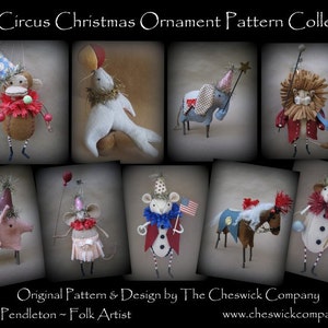May include: A collection of 10 handmade felt Christmas decorations featuring a circus theme. The decorations include a monkey, seal, elephant, lion, pig, mouse, horse, and snowman. Each decoration is dressed in a festive costume and has a unique design.