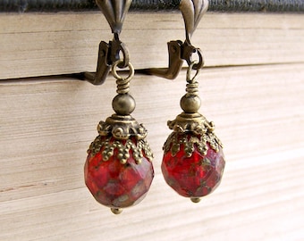 Venetian Red Earrings - faceted Czech glass beads with a Picasso finish - Valentine Earrings