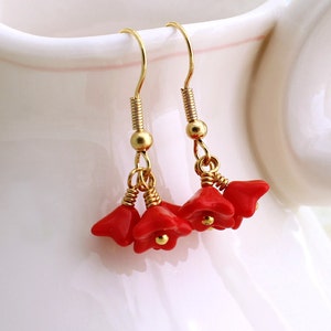 Bright Red Flower Earrings with gold wire wrapping czech glass beads Valentine jewelry image 2