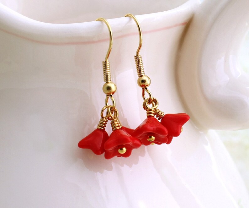 Bright Red Flower Earrings with gold wire wrapping czech glass beads Valentine jewelry image 2