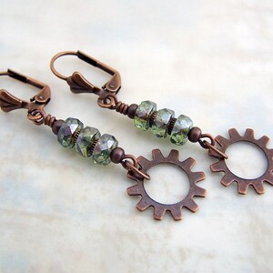 Steampunk Gear Earrings in Green copper gears and faceted Picasso beads Steampunk Jewelry image 2