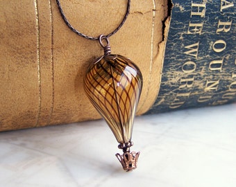 Hot Air Balloon Necklace - A Steampunk balloon in amber blown glass and copper - Hot Air Balloon Jewelry - Steampunk Necklace