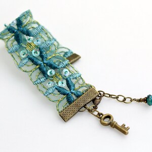 Blue Green Ribbon Bracelet with brass key and touches of sparkle Sea Green Trim Bracelet image 4