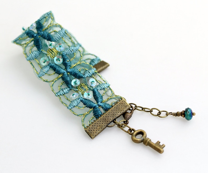 Blue Green Ribbon Bracelet With Brass Key and Touches of Sparkle Sea Green Trim Bracelet Etsy