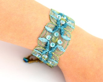 Blue Green Ribbon Bracelet with brass key and touches of sparkle - Sea Green Trim Bracelet