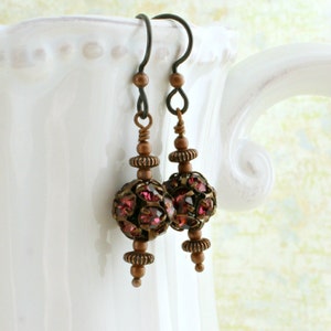 Copper and Fuchsia rhinestone earrings with hypoallergenic  Niobium ear wires - Steampunk Jewelry - Magenta Pink disco balls