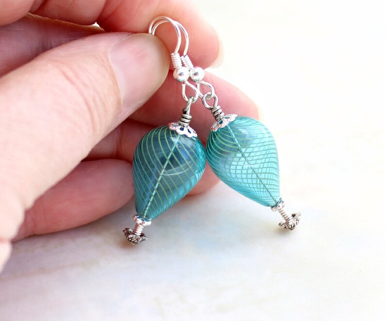 Turquoise and silver hot air balloon earrings blown glass beads with tones of silver Robins Egg Blue Earrings Wedding jewelry image 5