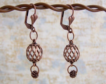 Antiqued Copper Earrings - spinning spirals and dangling wire beads - Steampunk Earrings - Copper Jewelry