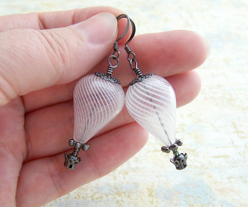White Hot Air Balloon Earrings Steampunk balloon earrings in blown glass and gunmetal Wedding Jewelry Dangle earrings image 5