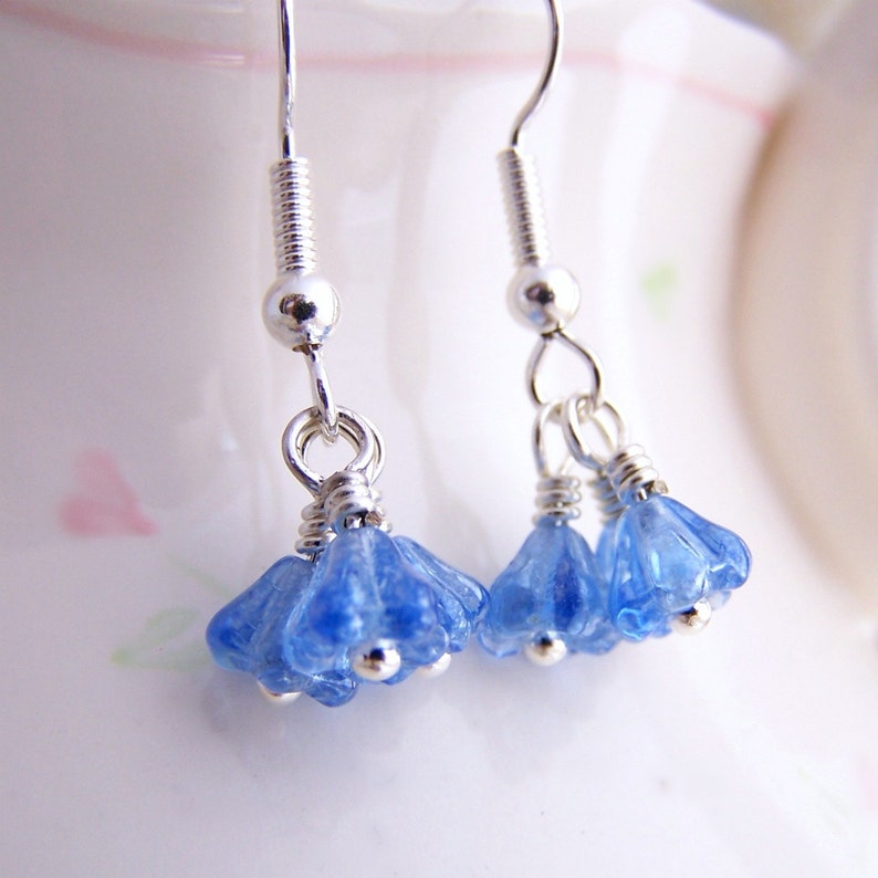 Tiny Blue Flower Earrings inspired by the Flower Fairies dancing in the sky. image 1