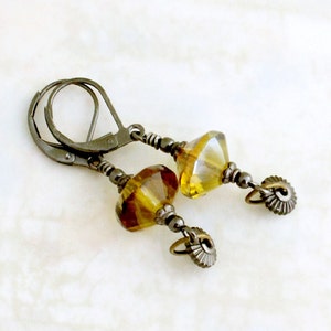 Black and Yellow earrings with spinning gears Gunmetal Steampunk earrings with misted yellow rivoli beads image 3