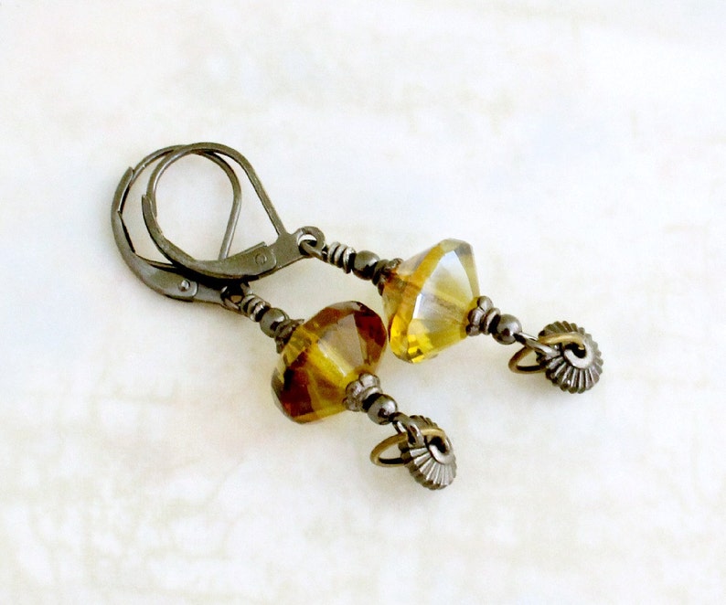 Black and Yellow earrings with spinning gears Gunmetal Steampunk earrings with misted yellow rivoli beads image 3