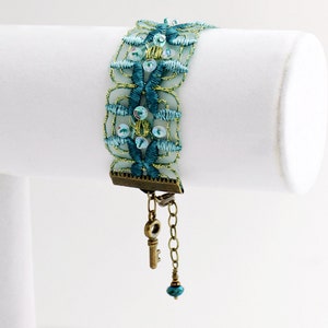 Blue Green Ribbon Bracelet with brass key and touches of sparkle Sea Green Trim Bracelet image 2