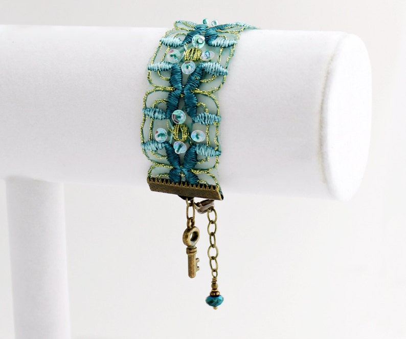 Blue Green Ribbon Bracelet with brass key and touches of sparkle Sea Green Trim Bracelet image 2