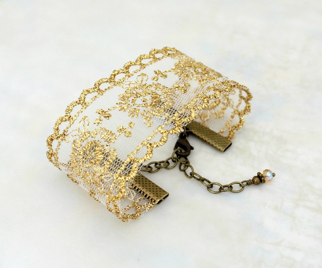 Gold Lace Bracelet Adjustable Ribbon Bracelet With Gold Colored Thread