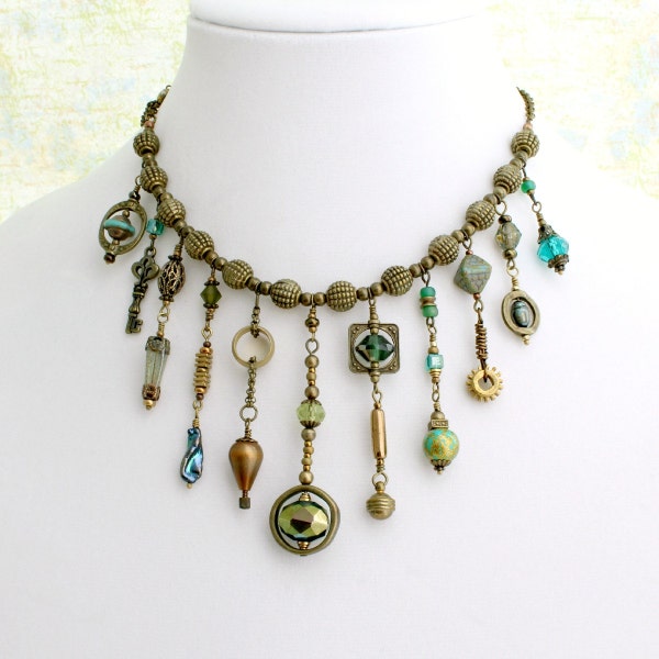 Green Steampunk Statement Necklace - Antique brass with greens from moss to turquoise - Steam Punk Bib Necklace - Steampunk Jewelry