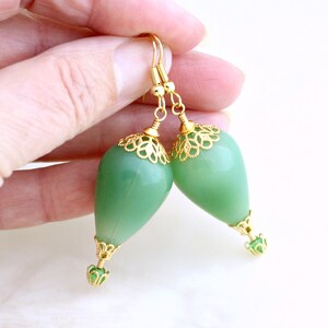 Jade Green & Gold Hot Air Balloon Earrings blown glass beads with gold filigree baskets and bead caps image 3