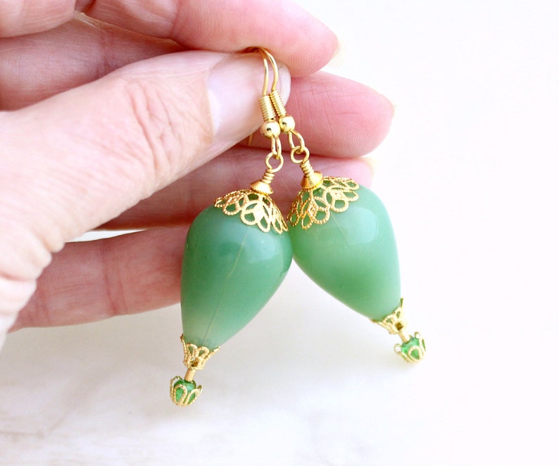 Jade Green & Gold Hot Air Balloon Earrings blown glass beads with gold filigree baskets and bead caps image 3