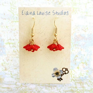 Bright Red Flower Earrings with gold wire wrapping czech glass beads Valentine jewelry image 5