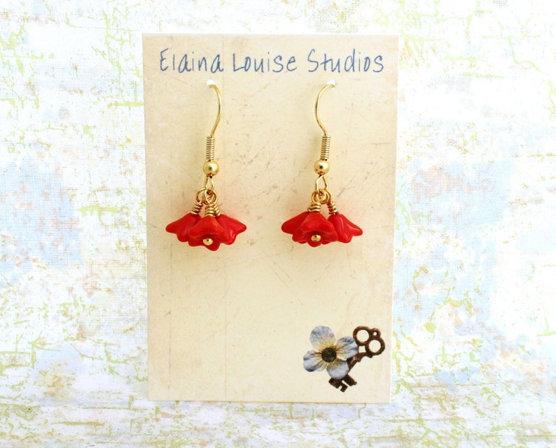 Bright Red Flower Earrings with gold wire wrapping czech glass beads Valentine jewelry image 5