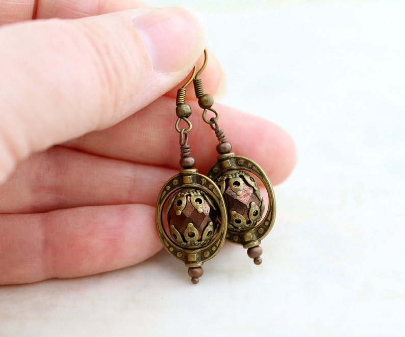 Steampunk Jewelry Copper and Brass Steampunk Earrings Antique brass Saturn Rings with faceted czech glass beads brass jewelry image 3