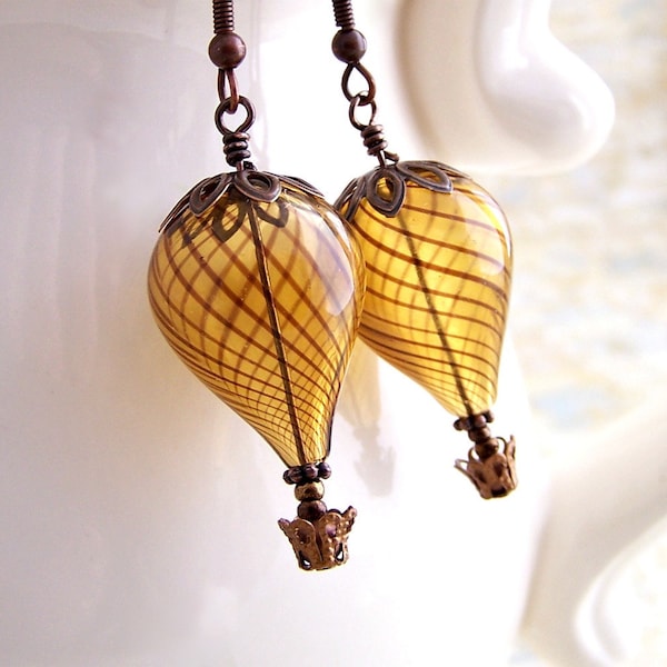 Hot Air Balloon Earrings - Steampunk balloon earrings in blown glass and copper  - Hot Air Balloon Jewelry - Steampunk Earrings