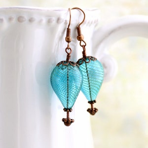 Turquoise Blue Hot Air Balloon Earrings of blown glass beads and copper Aqua Balloon Jewelry Steampunk Earrings Robins Egg Blue Glass image 3
