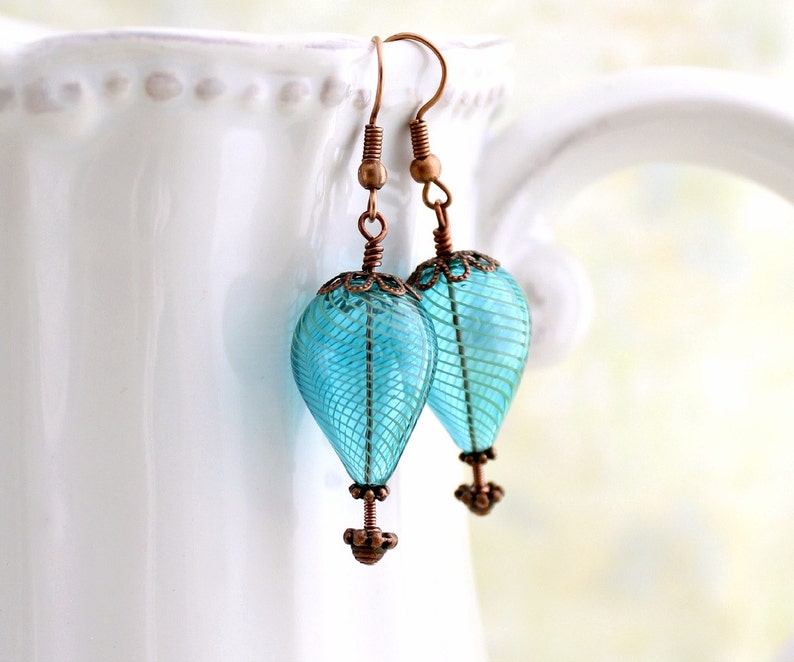 Turquoise Blue Hot Air Balloon Earrings of blown glass beads and copper Aqua Balloon Jewelry Steampunk Earrings Robins Egg Blue Glass image 3