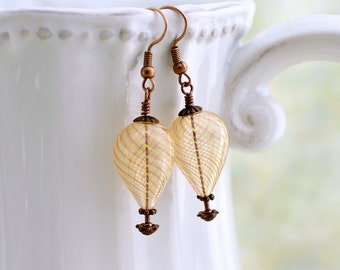 Peach hot air balloon earrings - yellow & peach stripe swirl around clear hand blown glass beads with copper findings