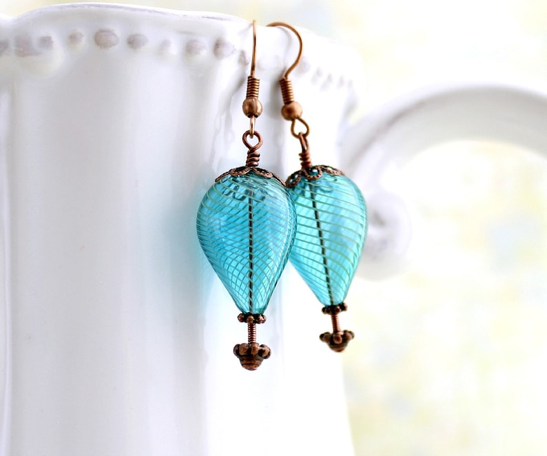 Turquoise Blue Hot Air Balloon Earrings of blown glass beads and copper Aqua Balloon Jewelry Steampunk Earrings Robins Egg Blue Glass image 1