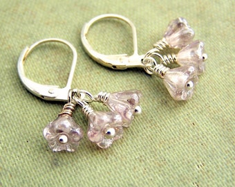 Pale Pink Flower Earrings - Tiny pink Czech glass beads are wire wrapped in silver