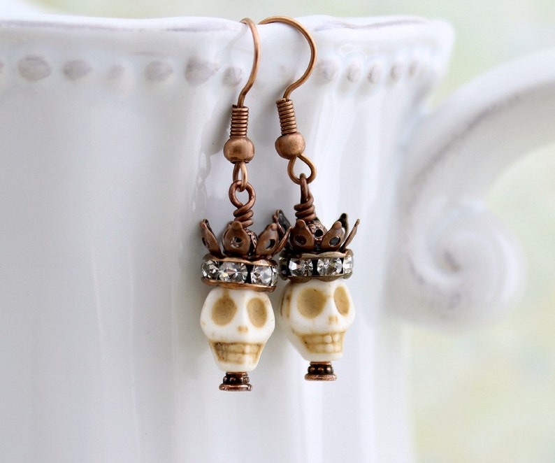 Pirate Queen Earrings skull and crown Day of the Dead jewelry Dia de los Muertos Halloween earrings image 1