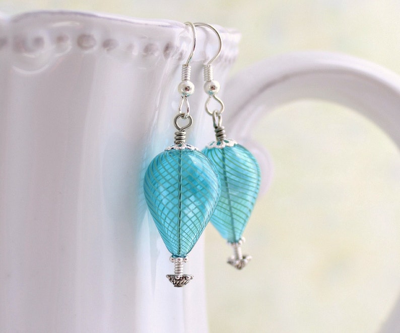 Turquoise and silver hot air balloon earrings blown glass beads with tones of silver Robins Egg Blue Earrings Wedding jewelry image 3