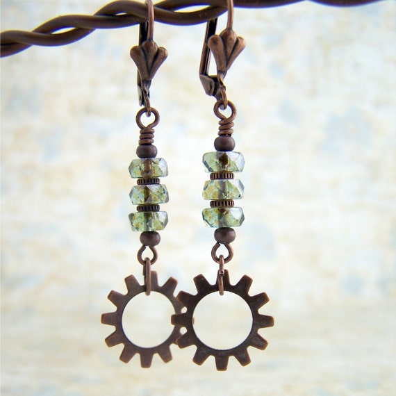 Steampunk Gear Earrings in Green - copper gears and faceted Picasso beads - Steampunk Jewelry