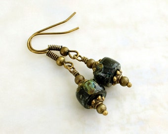 Earthy black and green earrings with antique brass findings - Picasso finish Czech glass beads -  Victorian Style Jewelry