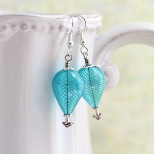 Turquoise and silver hot air balloon earrings blown glass beads with tones of silver Robins Egg Blue Earrings Wedding jewelry image 1