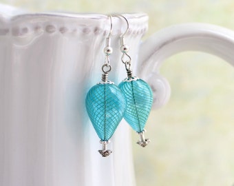 Turquoise and silver hot air balloon earrings - blown glass beads with tones of silver - Robins Egg Blue Earrings - Wedding jewelry