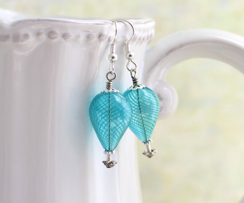 Turquoise and silver hot air balloon earrings blown glass beads with tones of silver Robins Egg Blue Earrings Wedding jewelry image 1