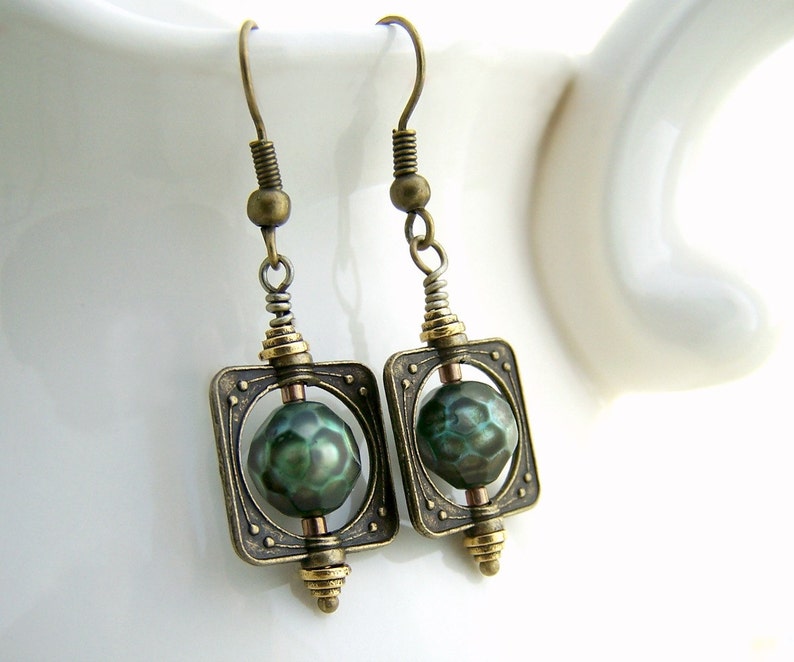 Download Faceted Green Pearl Earrings in antique brass bead frames ...