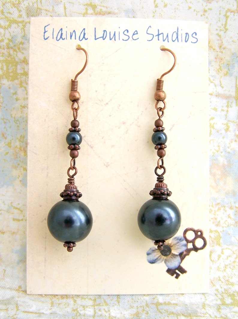 Grey Pearl & Copper Earrings Grey Earrings Glass Pearl Earrings grey and copper jewelry with Niobium ear wire options image 5