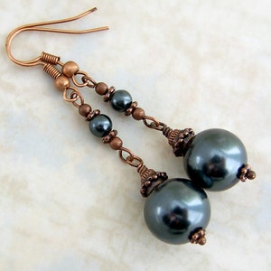 Grey Pearl & Copper Earrings Grey Earrings Glass Pearl Earrings grey and copper jewelry with Niobium ear wire options image 3