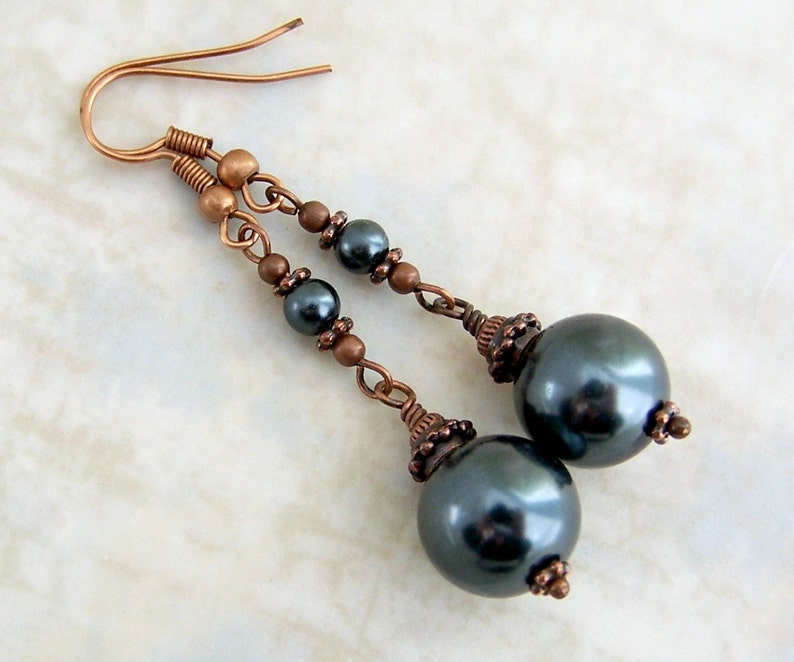 Grey Pearl & Copper Earrings Grey Earrings Glass Pearl Earrings grey and copper jewelry with Niobium ear wire options image 3