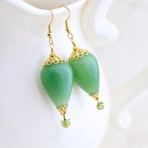 Jade Green & Gold Hot Air Balloon Earrings blown glass beads with gold filigree baskets and bead caps image 1